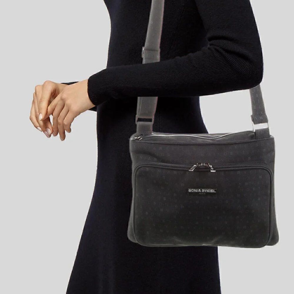Sonia Rykiel Black Monogram Signature Logo Nylon Shoulder Bag. VGUC
